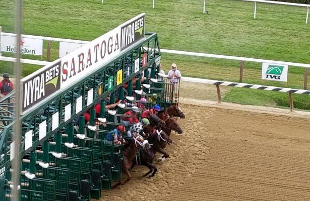 The horses break from the gate at Saratoga