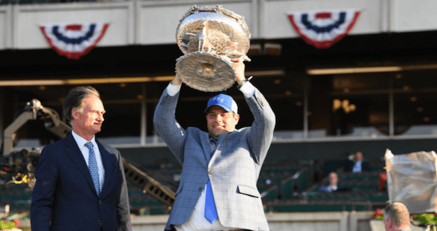 Trainer Brad Cox after winning the 2021 Belmont Stakes with Essential Quality