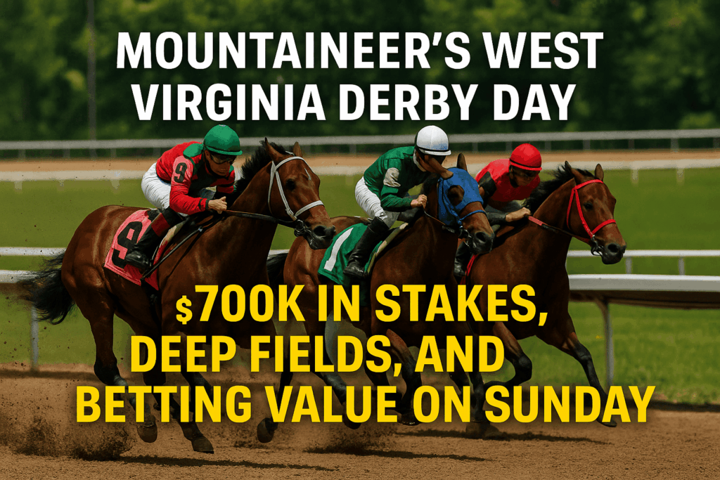 Jockeys racing thoroughbred horses during a Mountaineer's West Virginia Derby Day event at the racetrack.