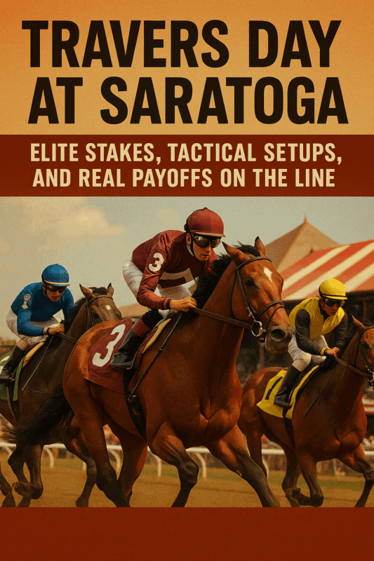 Jockeys racing horses on the dirt track during Travers Day at Saratoga with vibrant colors, showcasing elite stakes races, tactical setups, and real payoffs in thoroughbred horse racing.