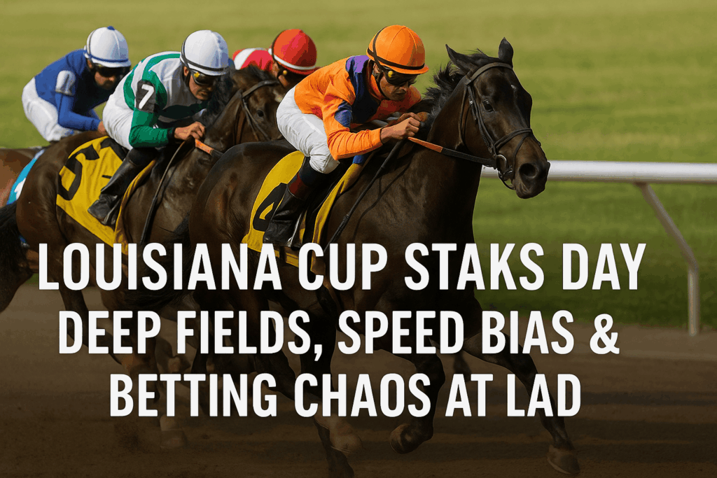 Racehorse and jockey competing in a dirt track race at Louisiana Cup, emphasizing deep fields, speed bias, and betting chaos, with a focus on thoroughbred racing and betting strategies.