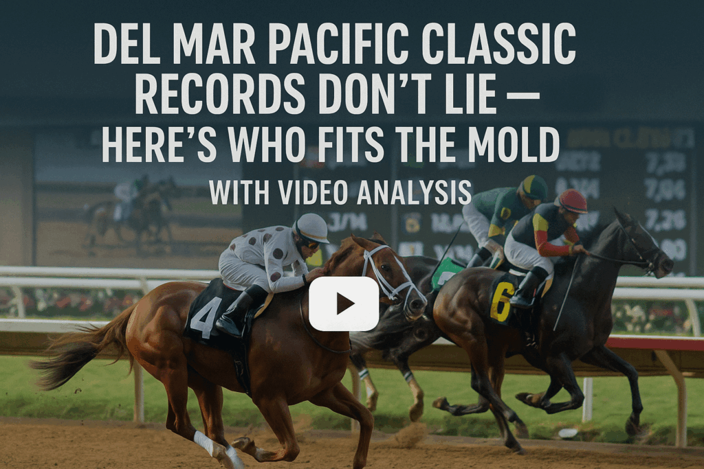Racehorses competing in a Del Mar Pacific Classic race at the racetrack, showcasing top thoroughbred horses and jockeys during a live racing event.