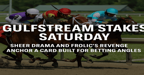 Fast-paced horse race at Gulfstream Stakes with jockeys in colorful silks competing on the dirt track.