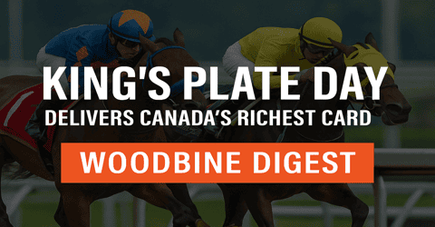 Fast-paced horse race at King's Plate Day, showcasing thoroughbred racing action and Canadian horse racing traditions from Today's Racing Digest.